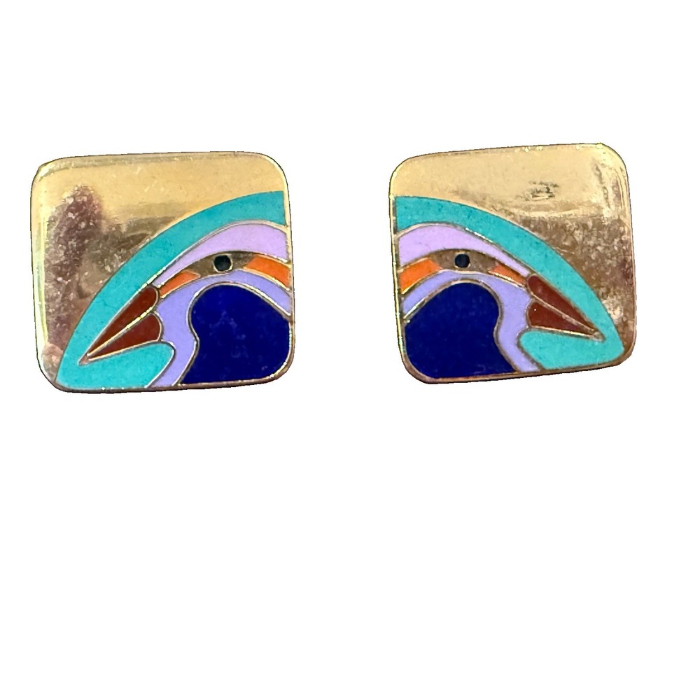 Vintage Laurel Burch Signed Bird Gold Tone Purple Pink Blue Enamel Post Earrings